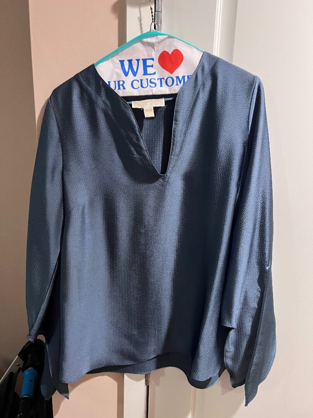Steel blue Michael Kors satin-like blouse with wrist ties